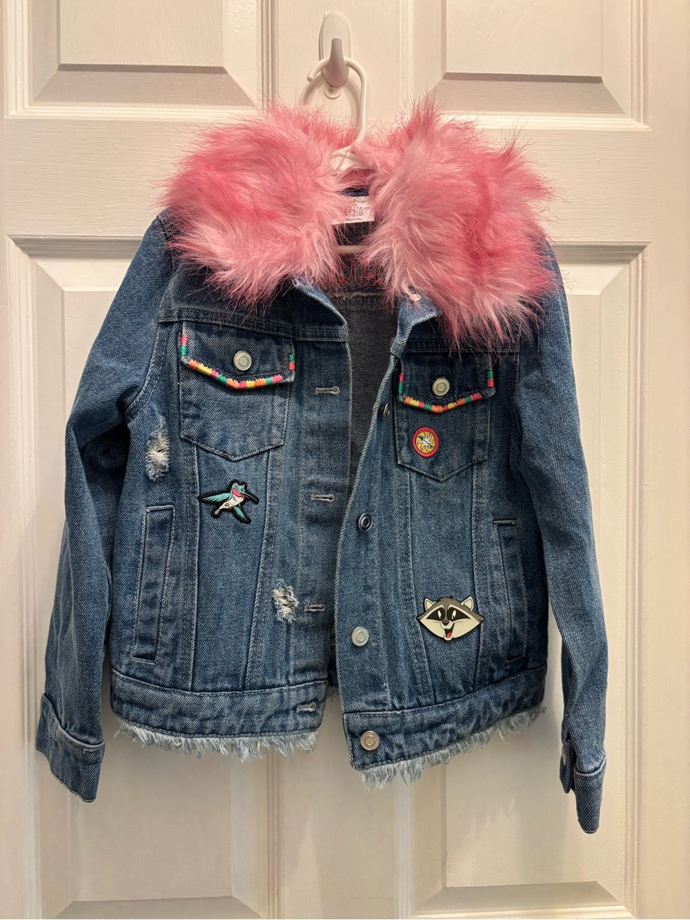 Disney Girls Pocahontas Denim Jacket with Pink Faux Fur Collar